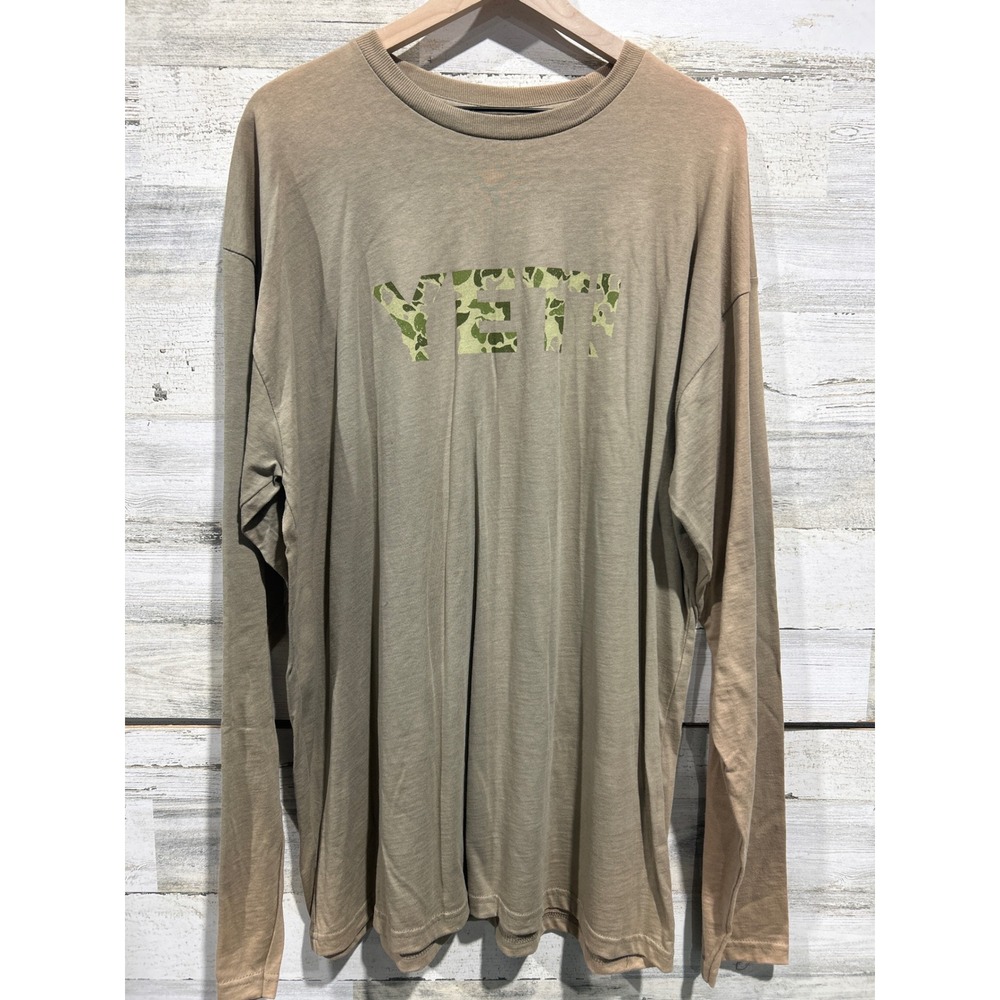 Yeti Long Sleeve T-Shirt Men XXL Tan Camo Logo Gorpcore *Flawed*